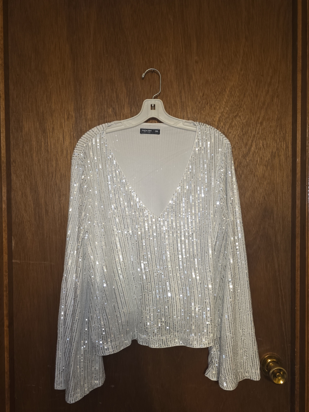 Shein White Sequin V-Neck Long Sleeve Top